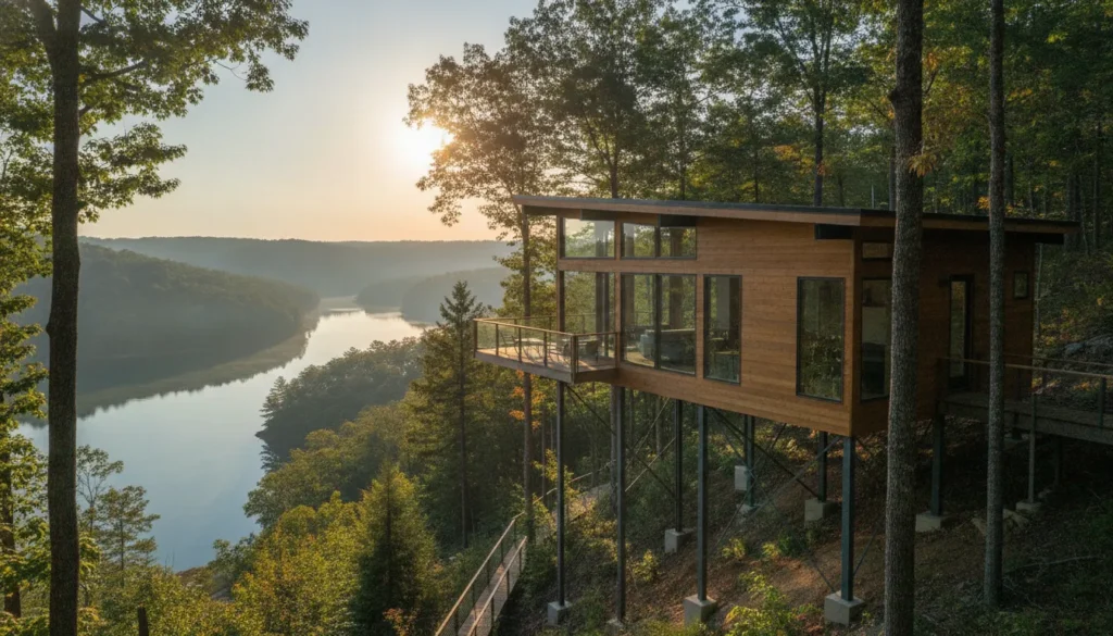 Modern treetop vacation home on steel piers overlooking Dale Hollow Lake in Tennessee