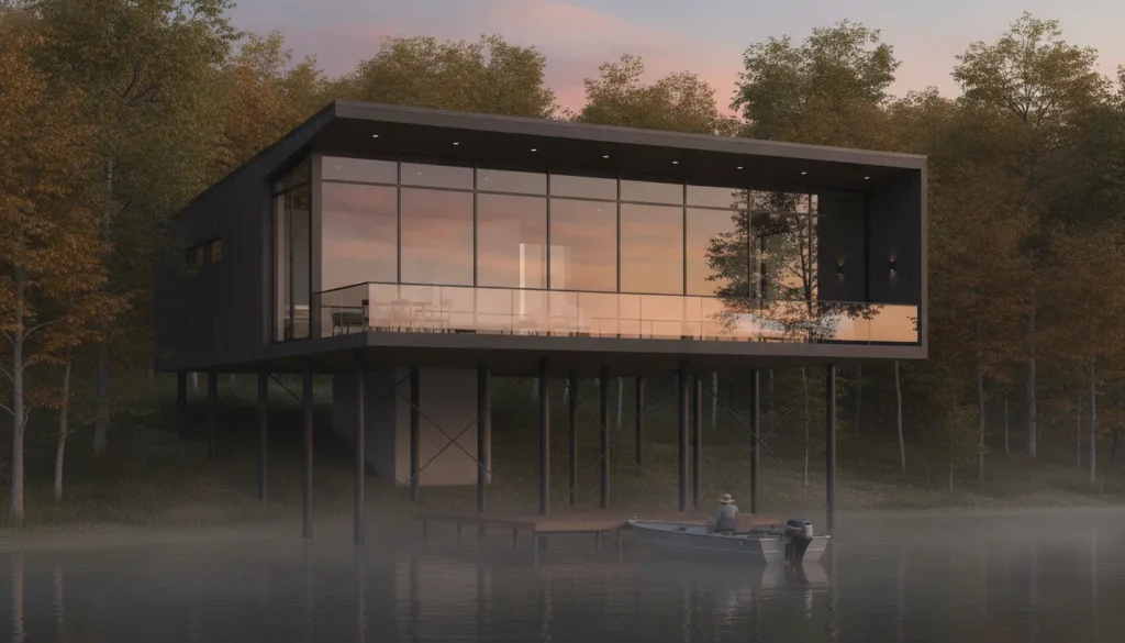 Modern treetop vacation home overlooking a misty Tennessee lake at sunrise at The Preserve at Dale Hollow