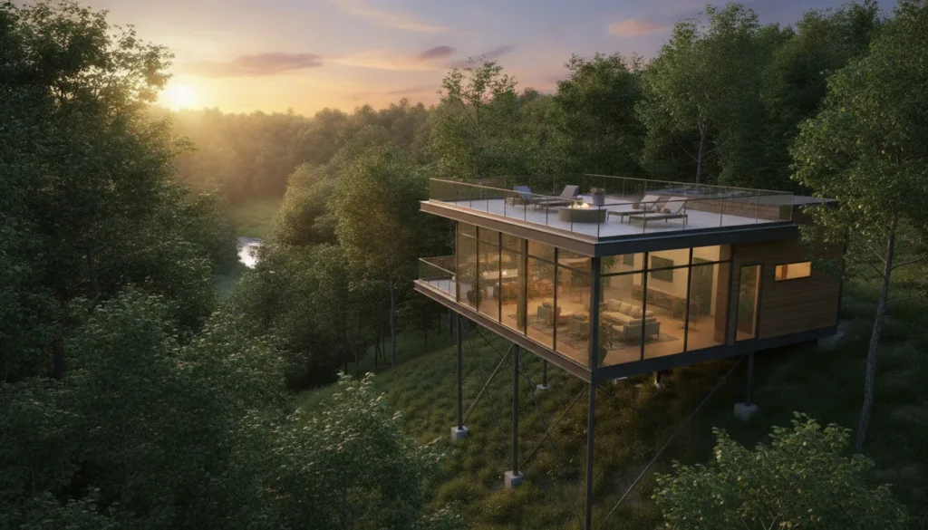 Modern elevated treetop vacation home at sunset at The Preserve at Dale Hollow