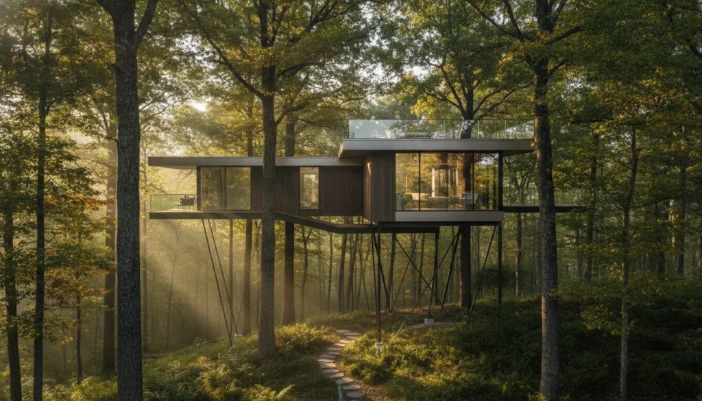 Modern treetop vacation home at The Preserve at Dale Hollow with expansive windows and private rooftop deck
