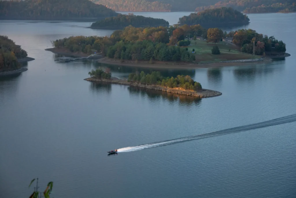 Aerial view of Dale Hollow Lake with forested hills and clear blue water at The Preserve at Dale Hollow
