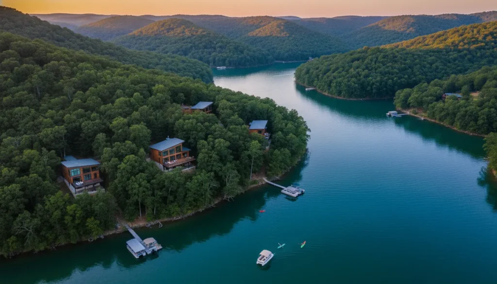 Aerial view of Dale Hollow Lake with modern treetop vacation homes nestled in wooded hillsides