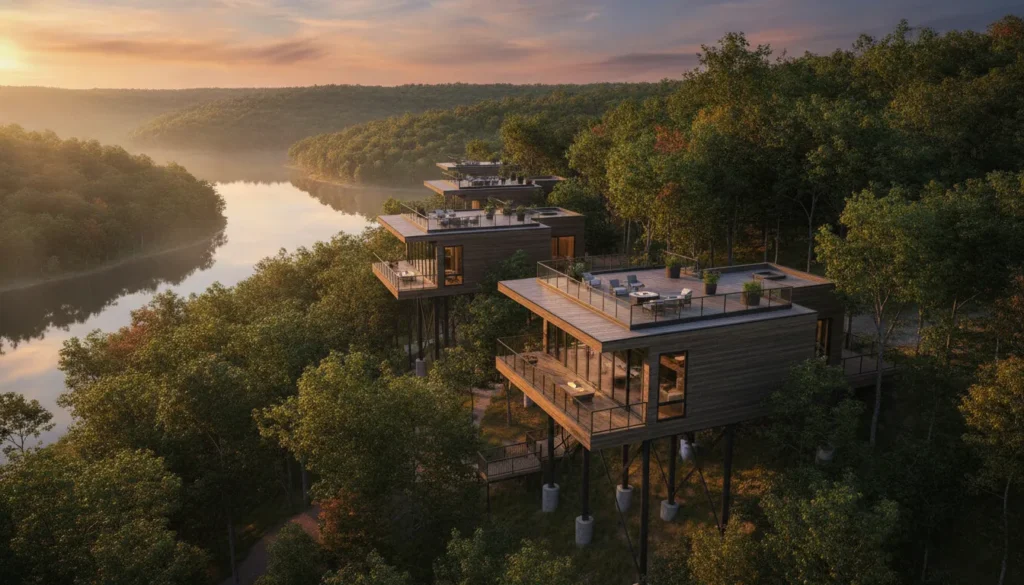 Aerial view of Dale Hollow Lake surrounded by forest at golden hour at The Preserve at Dale Hollow