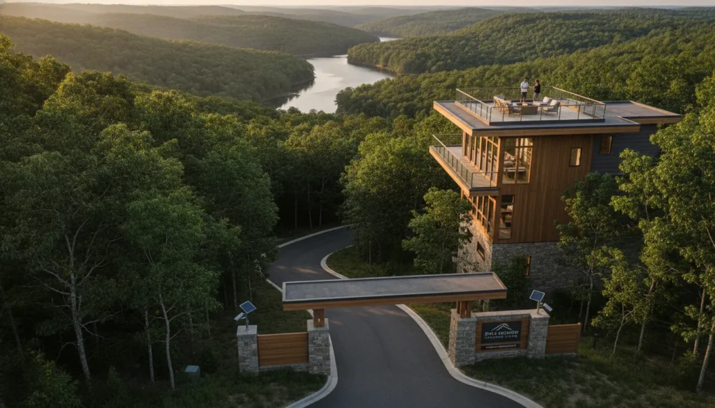 Modern treetop vacation home with rooftop deck in gated community near Dale Hollow Lake Tennessee