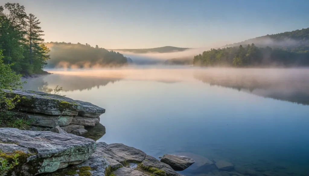 Misty morning view of Dale Hollow Lake with rocky shoreline and forested hills in Tennessee