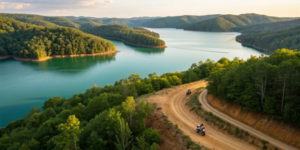 ATV riders on one of the best trails overlooking the scenic Dale Hollow Lake.