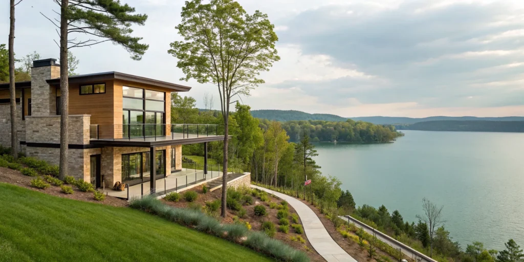 Modern custom home by Dale Hollow Lake builders with expansive windows overlooking the water.