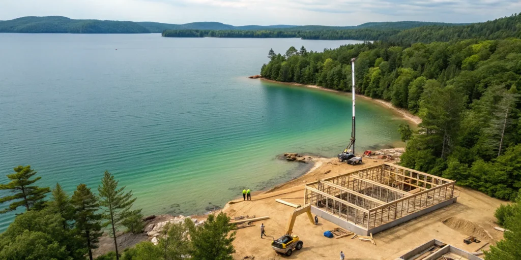 Dale Hollow Lake construction site with a custom home being framed by the water.