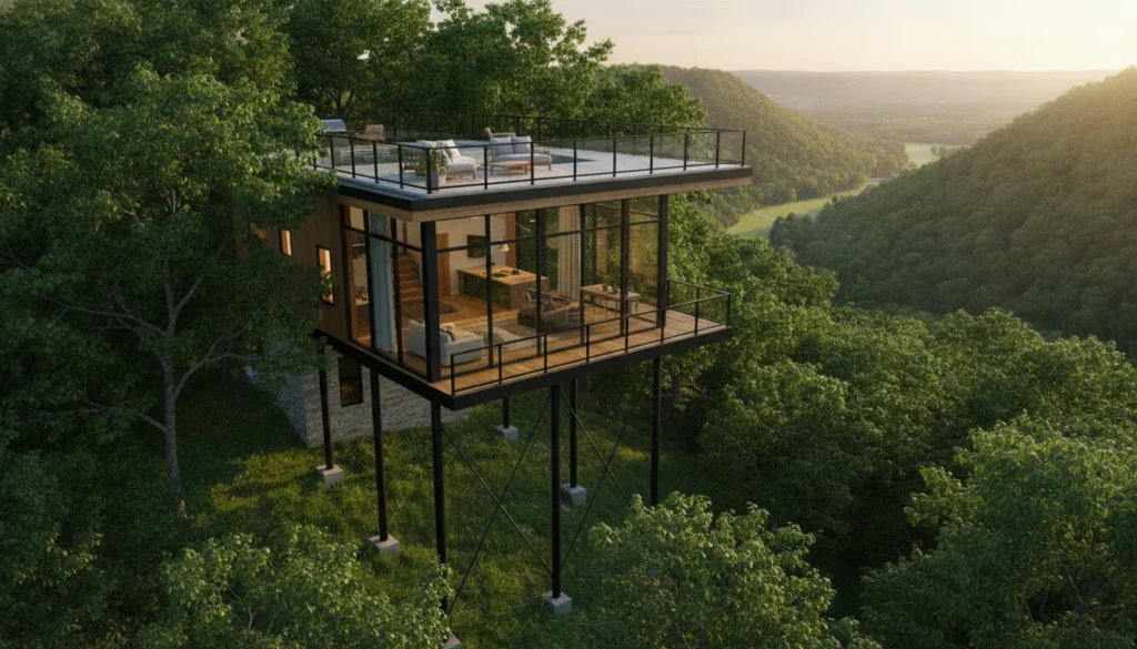 Modern architect-designed treetop vacation home perched on steel stilts in a Tennessee forest with rooftop deck and panoramic valley views